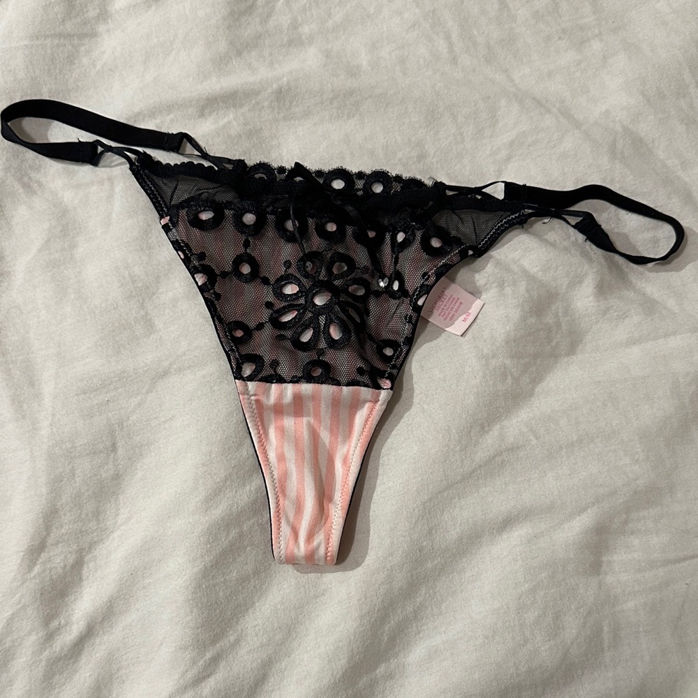Victoria’s Secret Black and Pink Satin Lace Thong